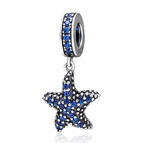 Preisvergleich Produktbild Tropischer Seestern-Anhänger, massives 925er-Sterlingsilber, Dangle Charm mit ozeanblauen Zirkonia-Steinen, Sommer-Charm
