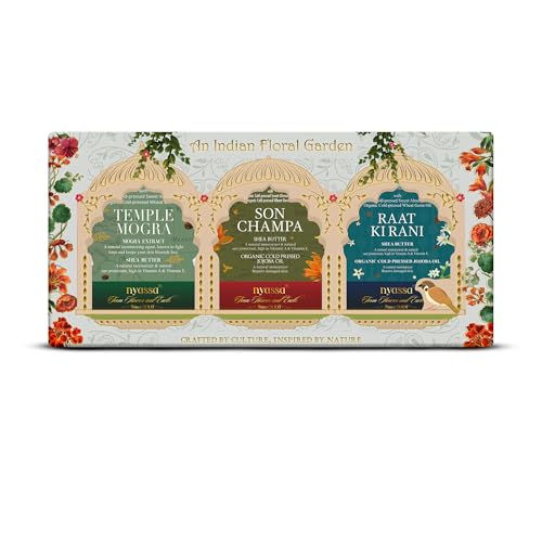 Image of Nyassa An Indian Floral Garden Collection Gift Set | 3 Handmade Natural Soaps - Son Champa, Temple Mogra & Raat Ki Rani | 150g Each | Raksha Bandhan Gifts for Sister, Women & Family | All Skin Types