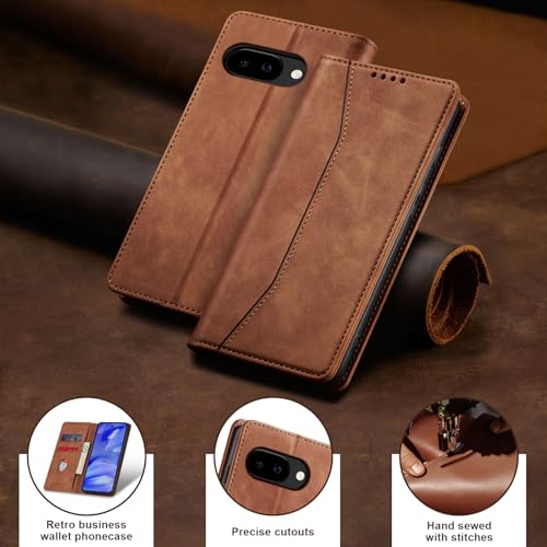 Image of Jasonyu Flip Wallet Case for Google Pixel 9A,Leather Magnetic Folio Cover with Card Holder,Kickstand - TPU Shockproof Durable Protective Phone Case,Brown