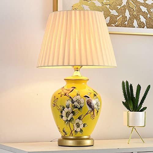 HvKvHvY Modern LED Chinese Style Hand-Painted Flowers and Birds Ceramic Table Lamp, Light Luxury With Fabric Shade for Living Room, Office