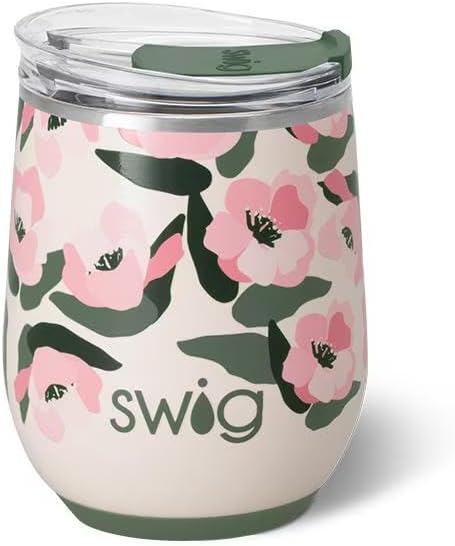 Swig Life 12oz Wine Tumbler with Lid, Stainless Steel, Dishwasher Safe, Portable, Triple Insulated Wine Tumbler (Sweet Pea)