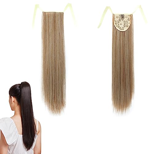 prinfantasy Ponytail Extension Wrap Around One Piece Straight Pony Tial Hair Extensions Synthetic Clip on Hairpiece Extension for Girl Lady Women Ombre Light Brown Mix,GBMW048