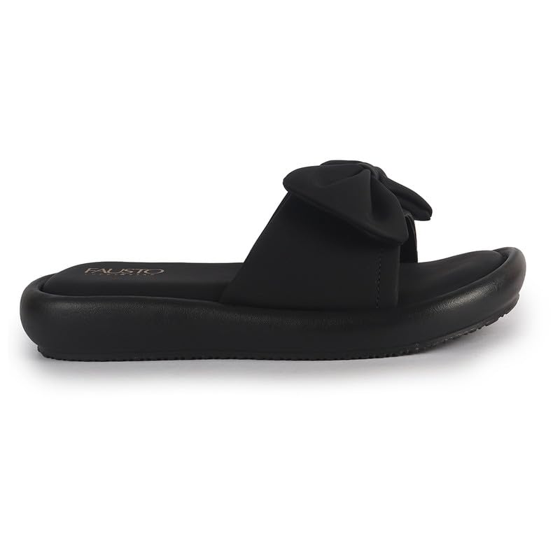 Image of FAUSTO Women Open Toe Bow Design Slip On Sliders | Extra Comfort Cushioned Insole Slippers | Classic Flat Sandals for All Day Long