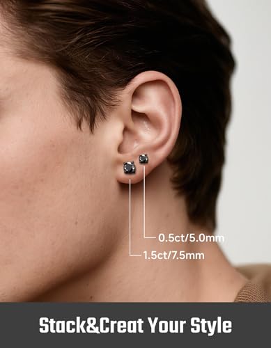 Stud Earrings for Men, Black Earrings for Men Women 925 Sterling Silver Studs Hypoallergenic, Simulated Diamond Cubic Zirconia Stud Earrings Jewelry for Gifts, 5-8MM3