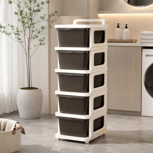 Image of Heavy Duty Plastic Storage Drawer with Wheels | Modular Cabinet for Bedroom, Office, Home or Classroom| Chest of Drawers Organiser for Cosmetics, Kitchen items, Toys (Brown, 5)