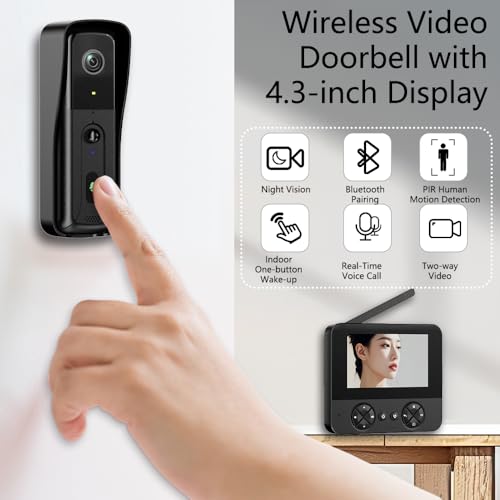 Timbre Inalámbrico con Camara Exterior Inteligente Videoportero Doorbell con 4.3“ Pantalla 1080P, Intercomunicador Video Bidireccional, Detección de Movimiento PIR, No se Requiere WiFi y App (Negro) - imagen 2