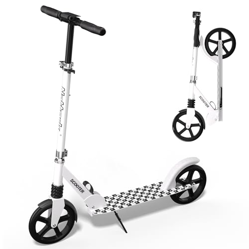 Nattork Kick Scooter for Age 6+ Kids Teens Adults, Max Load 240 LBS, Adjustable Height Foldable with 8" Large Wheels, Anti-Shock Suspension White