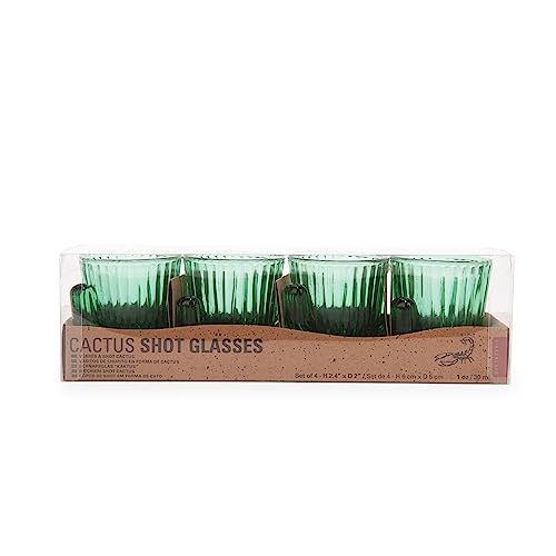 Kikkerland Tequila Shots Green Cactus Glass Shot Glasses, Shooters, Set of 4, 1oz capacity, for Party Supplies, Southwest Theme