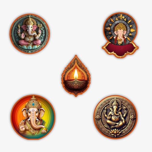 Stick Store Inspirational Religious Sticker Shree Ganesha V2 Pack of 5 Matte Waterproof Vinyl Stickers 2.8x2.8 Inch Laptop Stickers, Water Bottle Stickers, Phone Case, Skateboard & Bike Stickers
