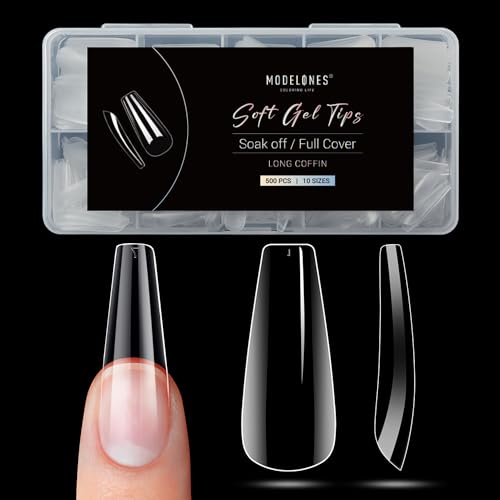 Image of Modelones Long Coffin Nail Tips - 500Pcs Fake Nails Gel Clear Soft Acrylic Press on Pre-shape Full Cover Gel Extension Home DIY Salon Art Design 10 Sizes