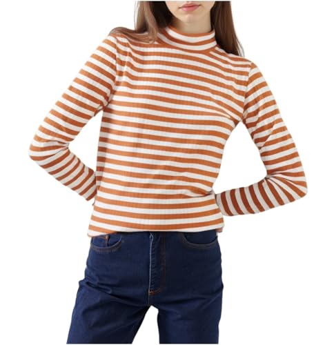 Image of Melliflo Womens Long Sleeve Mock Neck Striped Shirt Casual Cute Color Block Knit Tops Trendy Fall Fitted Basic Outfits