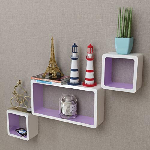 Lot de 3 étagères murales flottantes blanches et violettes en forme de cubes de rangement pour livres et DVD - Meuble décoratif avec rebords