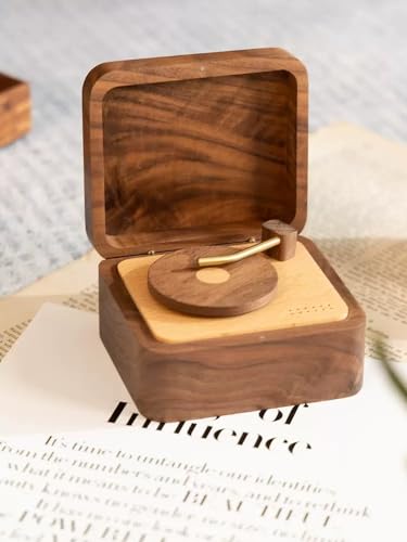WONQEXZ Vintage Style Music Box,Vintage high-end Vinyl Record Player Music Box, rotatable Wooden Octave Box(Music: Sky City)