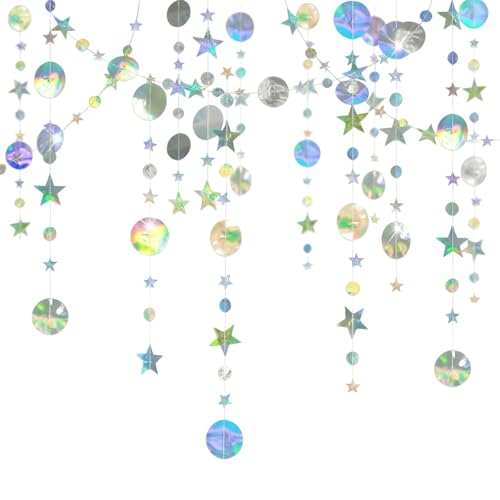 Guirnalda de estrellas iridiscentes centelleantes de 52 pies, decoración de papel con estrellas circulares con purpurina para telón de fondo, cumpleaños, ducha, boda, graduación