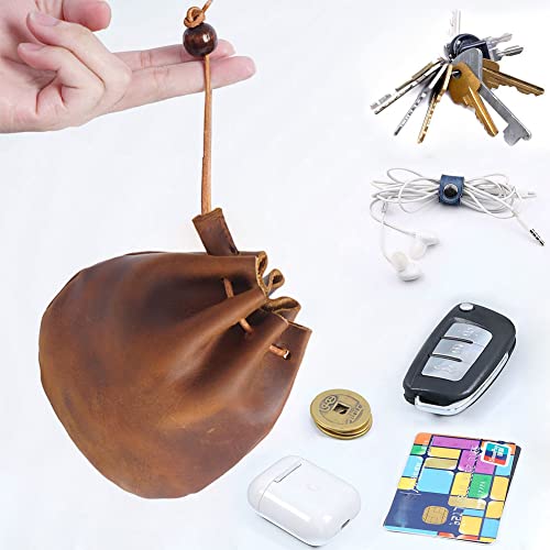 1 Pcs Mini Leather Drawstring Coin Purse Vintage Leather Coin Bag, Coin Organizer, Change Holder,Leather Drawstring Pouch for Men & Women3