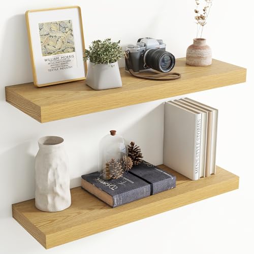Image of 30 Inch Floating Shelves for Wall, 8 Inch Deep Floating Shelf for Storage & Display, Rustic Wall Mounted Shelf with Invisible Brackets for Living Room, Kitchen, Bathroom, Home Decor, Set of 2, Oak
