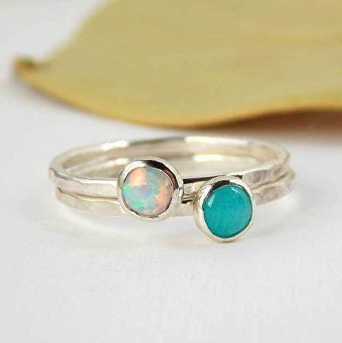 Amazonite Hammered Band Stacking Ring – 925 Sterling Silver Stacking Ring with 4mm Blue Green Cabochon Stone – Stackable Ring With Hammer Texture
