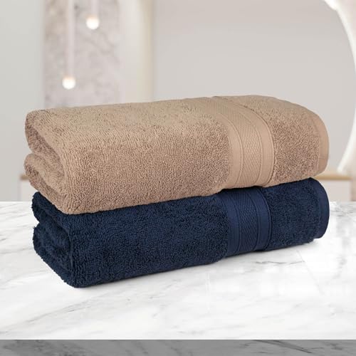Image of MYTRIDENT Soft Comfort Air Rich 100% Cotton Towels for Bath, 500 GSM Large Size Bathroom Towels for Men /Women, 2PC Bath (69 cm x 137 cm), Acorn and Navy