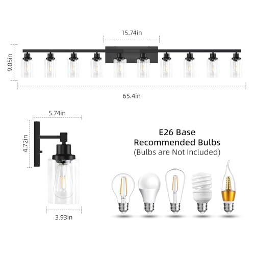 Image of 10 Light Bathroom Vanity Lights Over Mirror, 65.4inch Black Vanity Lights Fixtures Matte Black Modern Vanity Lights Black Bathroom Wall Lighting for Mirror Bedroom,Living Room
