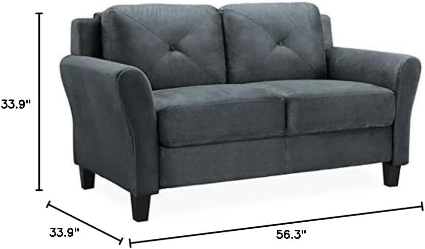 Hawthorne Collections Rolled Arm Microfiber Loveseat, Dark Gray Upholstery, Solid Wood Frame, Button Tufted Back, 56.3 in Wide, Comfortable Sofa for Living Room or Small Spaces