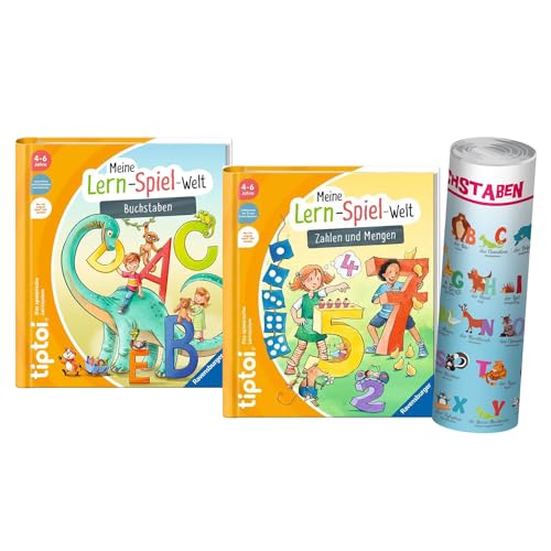 Ravensburger tiptoi ® Bücher Starterset | Erste Buchstaben + Erste Zahlen Buch + ABC Lern-Poster mit Tiere - Schule, Tip TOI, Lernen, Vorschule