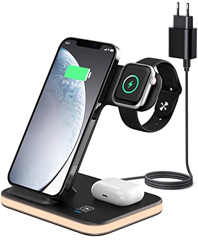 Maxesla 3 in 1 Induktive Ladestation, 15W QI Wireless Charger Kabelloses Ladegerät für i/Phone 13 12 11 Pro Max/XS/X/8+, iWatch 7/6/SE/5/4/3/2, AirPods Pro/2/3, Wireless Ladestation mit Fast Adapter Cover