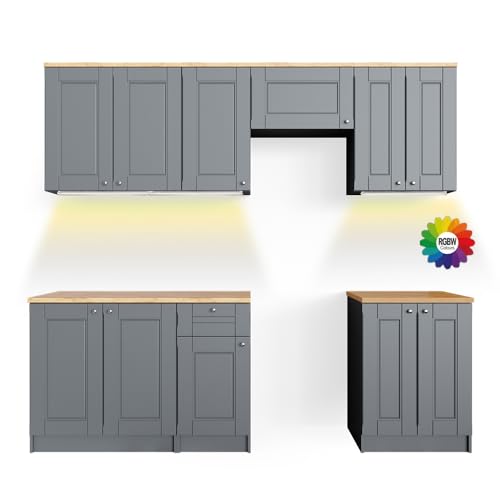 Vicco Küchenzeile Bergamo, Edelgrau, 240 cm, AP Goldkraft mit LED-Leisten, mit variabel positionierbaren Modulen zur individuellen Anpassung