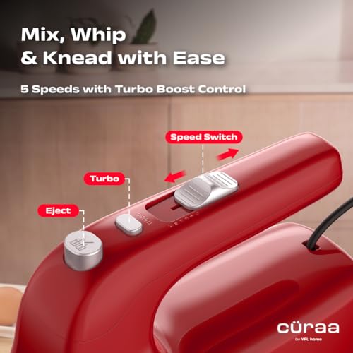 Image of Curaa Hand Mixer 300 Watts for Baking | 5 Speed Control with Turbo Mode | Electric Egg Beater with Whisk & Dough Hooks | Handheld Mixer for Cake, Cream, Dough, Buttermilk & Whipping | Red