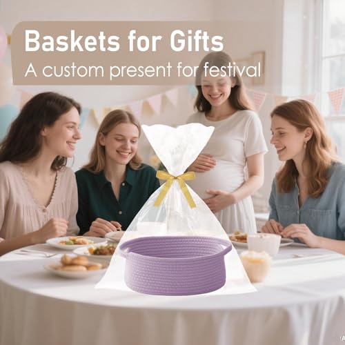 Image of JMvicyroam Small Woven Basket, Empty Gift Basket, Purple /3 Pack | Small Gift Basket, Cotton Rope, 12 x 8 x 47 in, Handles, Includes Ribbon and Bag, Birthday Gift Basket