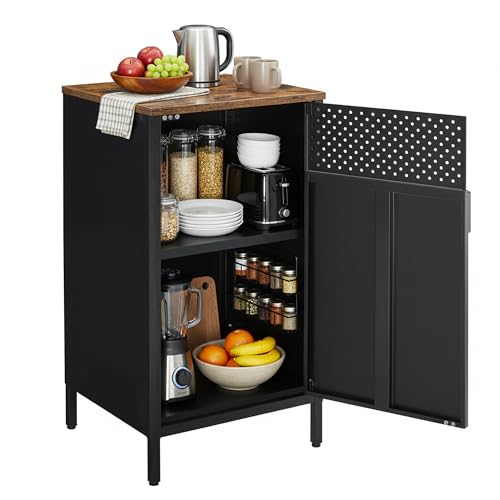 SONGMICS Armario de Almacenamiento, Aparador de Metal, Doble Puerta Magnética, Estante Ajustable, Marco de Acero, 40 x 42,5 x 76 cm, Marrón Rústico y Negro LSC101B01