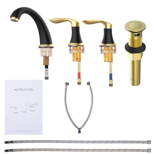 Bathroom Sink Faucet, Faucet for Bathroom Sink, Widespread Black and Gold Bathroom Faucet 3 Hole with Stainless Steel Pop Up Drain and cUPC Lead-Free Hose - (Black and Gold)