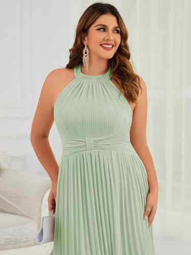 Image of Ever-Pretty Plus Women's Floor Length A-Line Halter Sleeveless Pleated Glitter Plus Size Formal Dress Evening Gown