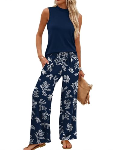 Ensemble décontracté femmes au pantalon droit fleuri et débardeur fluide chic