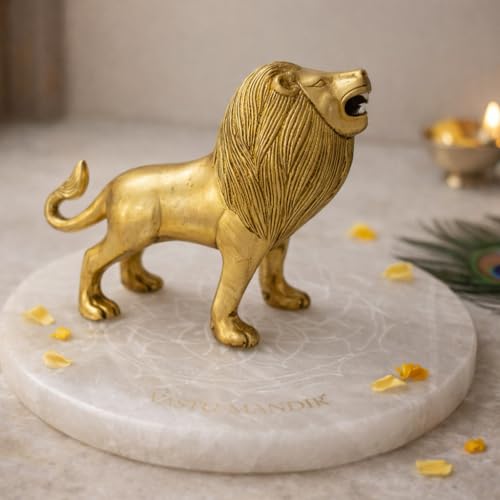 Image of Pure Brass Roaring Lion Statue, Gold Finish, Decorative Religious Figurine for Home and Office, North-East Zone Placement, Traditional Art Deco Style | 16x6x14 cm | 985g