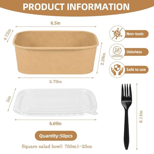 50 Pack Disposable Meal Prep Containers, 25oz Disposable Large Paper Bowls with Lids and Forks for Salad, Noodles, Freezer and Microwavable Storage Use Cardboard Food Containers - Image 3