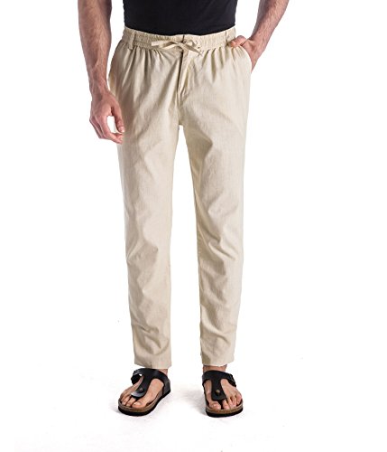 MUSE FATH Men's Drawstring Casual Beach Trousers Linen Summer Pants-Beige-XXXL — view 4