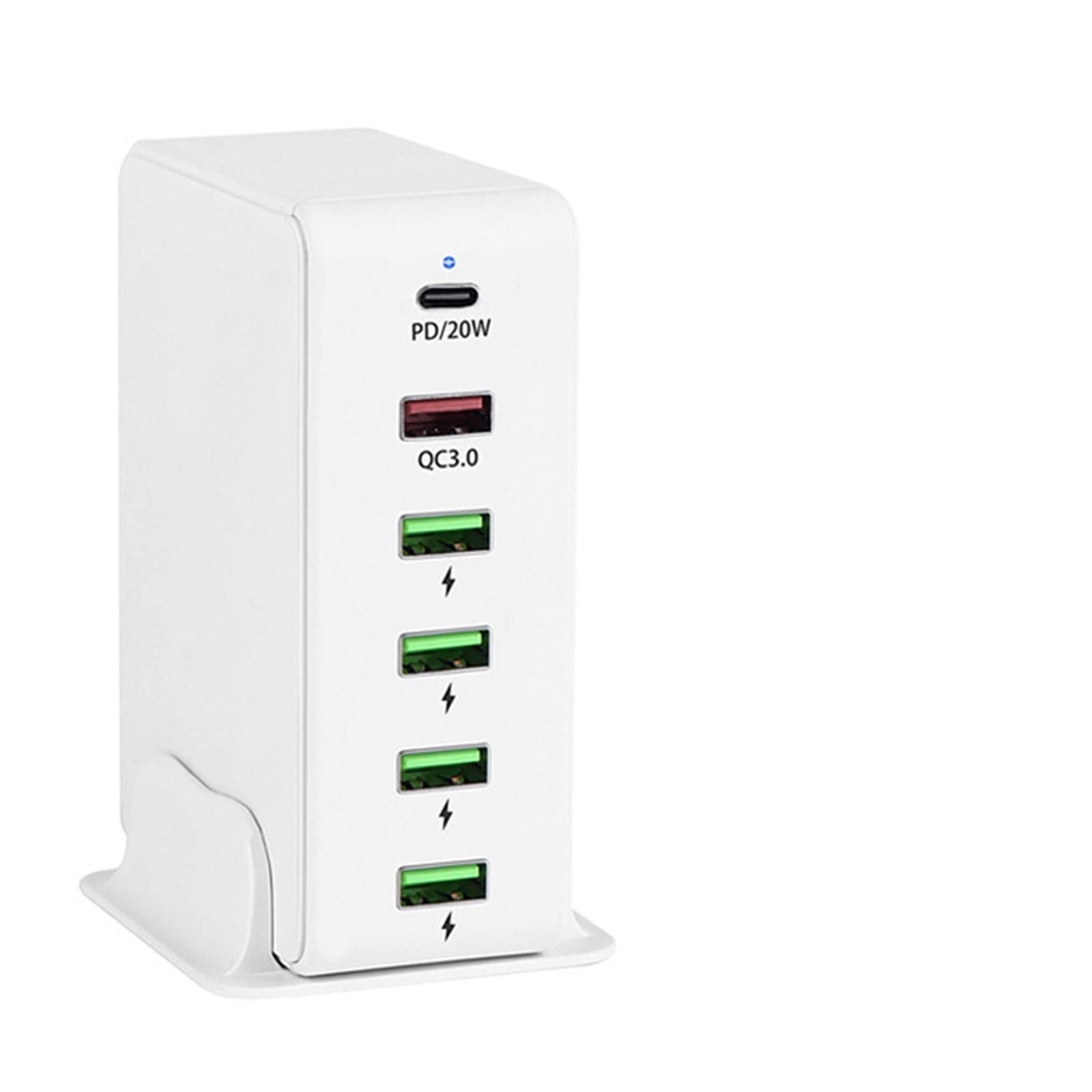 Caricatore rapido USB PD con 6 porte, stazione di ricarica Caricabatterie da parete for telefono universale compatibile cellulare, tablet e altro Design portatile(White)