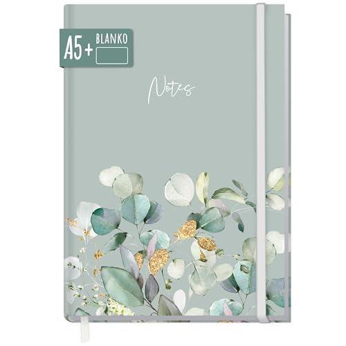 Häfft paper&you® Notizbuch A5+ blanko mit Gummiband Minty Leaves 156 Seiten, 78 Blatt - als Journal Skizzenheft Skizzenbuch Tagebuch Notizheft - nachhaltig & klimafreundlich