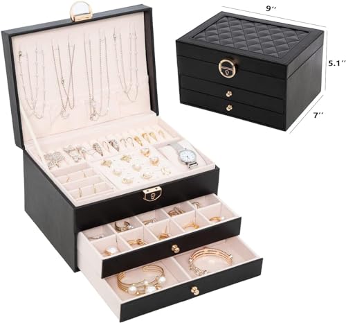 Image of Jewelry Box For Women Girl Wife 3 Layers Large Pu Leather Jewelry Organizer Storage Case With Two Drawers Display For Earrings Bracelets Rings Watches Design Jewelry Box, Jewelry Organizer (Black)
