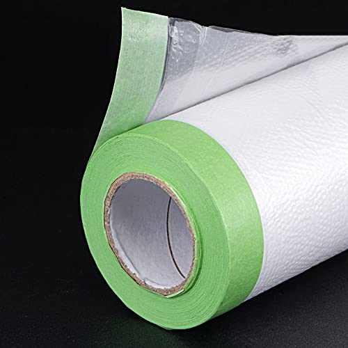 Image of uxcell Pre-Taped Masking Film, 12 inch x 82ft, Plastic Drop Cloth with Low-Tack Painters Tape for Painting Protection Green 2Pcs
