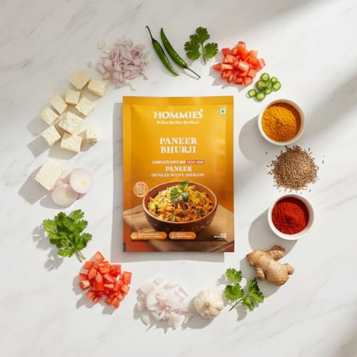 Image of Hommies Paneer Bhurji Curry Spice Mix (Pack of 4) | Paneer Bhurji Masala | Ready to Cook in 15 Mins | Just Add Paneer & Milk | Serves 4 | Made with Cashew Nuts | No Preservatives | 200 g (4 x 50 g)