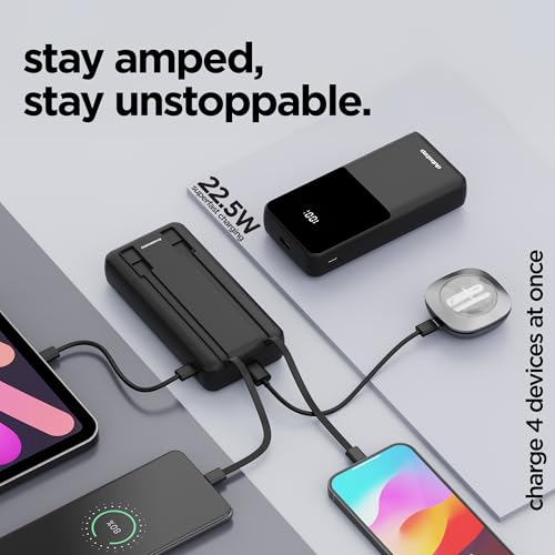 Image of Dubstep PowerBlitz X5 20000mAh 22.5W Power Bank, Built-in Type-C & Lightning Cables, 4 Outputs, LED Display, Quick Charge 3.0, PD Fast Charging (Black)