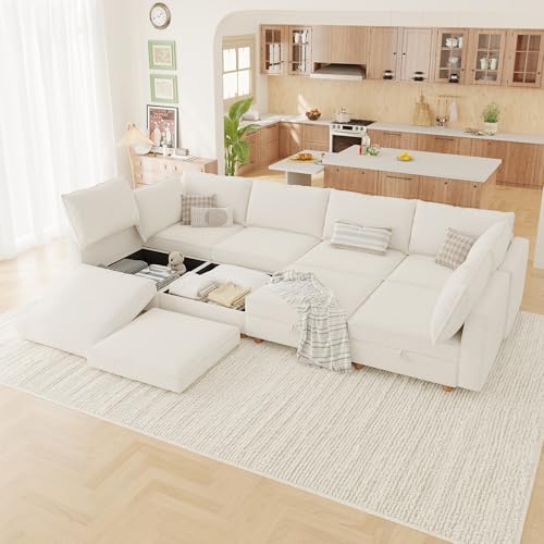 Image of 128 inch Modular Sectional Sleeper Sofa Bed with Storage & Washable Covers, 8-Seater Chenille Modular Sofa Bed with Movable Ottoman Chaise, Convertible Sleeper Sectional Couches for Living Room, Beige