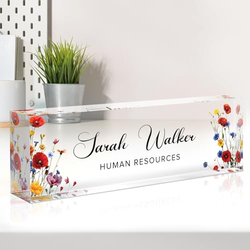 Image of Name Plate for Desk, Desk Name Plate Personalized, Flowers Office Decor for Women Men, Acrylic Desktop Accessories, Office Gifts for Boss Nurse Teacher Coworker, Employee Appreciation Gift (Pink /Blue)