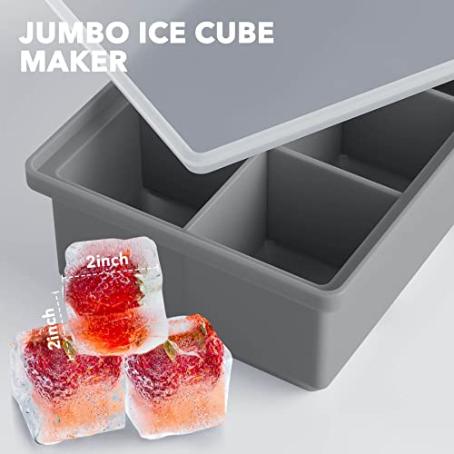 Rasupro Large Silicone Ice Cube Tray Molds with Lid, 2-Pack Easy-Release Trays for Freezer, Stackable Whiskey Mold Maker, Square Cubes Cocktails Bourbon & Drinks, Light Gray (RA002)