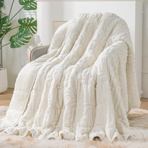 Best Weighted Throw Blanket for Couch: Cozy, Soft, and Perfectly Warm 5 Sherpa Fleece Adult Weighted Blanket Great for Sleep, 15 lbs Dual Sided Soft Fuzzy Heavy Blankets for Couch Bed Sofa, Cozy Warm Arched Jacquard Throw for Winter (Cream White, 48
