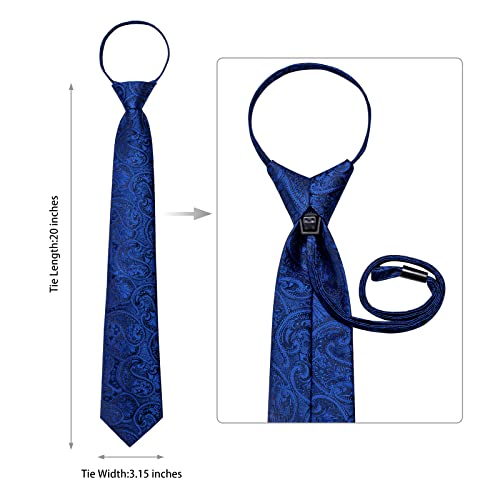 Image of DiBanGu Silk Zipper Ties for Men,Paisley Solid Plaid Pre-tied Tie and Pocket Square Cufflinks Set Formal Adjustable Necktie