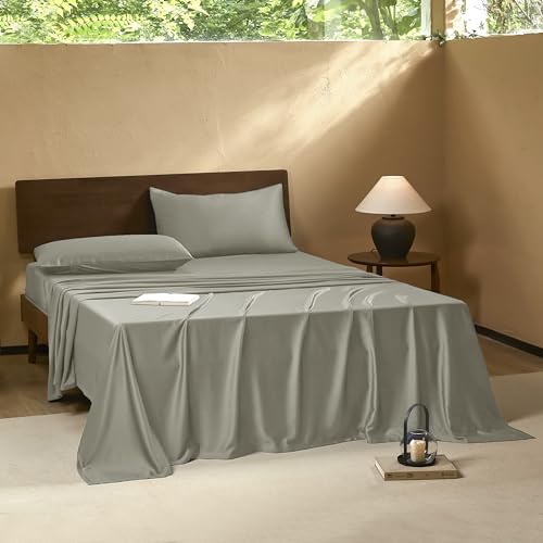 Image of EVERLY Queen Sheets Set Luxuriously 400 Thread Count Organic Rayon Derived from Bamboo Bed Sheet Set,Cooling Sheets for Queen Size 4 Piece Deep Pockets Bedding Sheets &Pillowcases-Light Grey