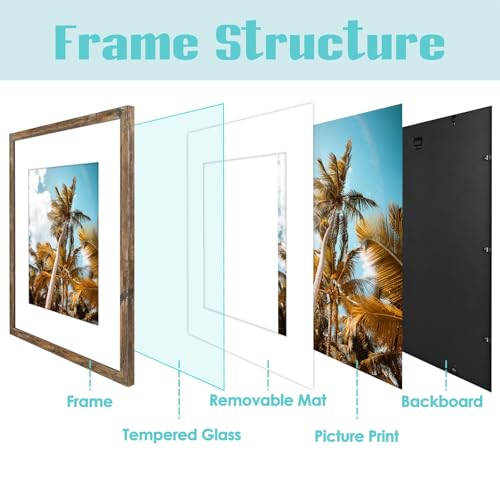 Image of Frametory, 16x20 Picture Frame With Mat for 11x14 Picture - High Definition Glass Wide Molding - Preinstalled Wall Mounting Hardware (Rustic Brown, 1 Pack)