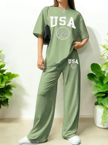 Image of My Swag USA Graphic Print Cotton Loungewear Set, T-Shirt and Pants, Casual Comfort Wear